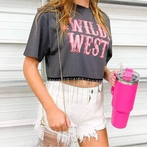 Cropped Black 'Wild West' Fringe Graphic Tee - Pink Lettering Large